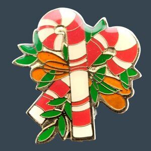 Christmas Candy Cane Pin Brooch Holly Bow Vintage Holiday Jewelry Enamel